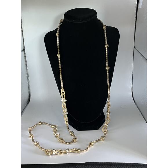 Very Long Gold Tone Necklace with Bows and Simulated Diamonds - Picture 1 of 2
